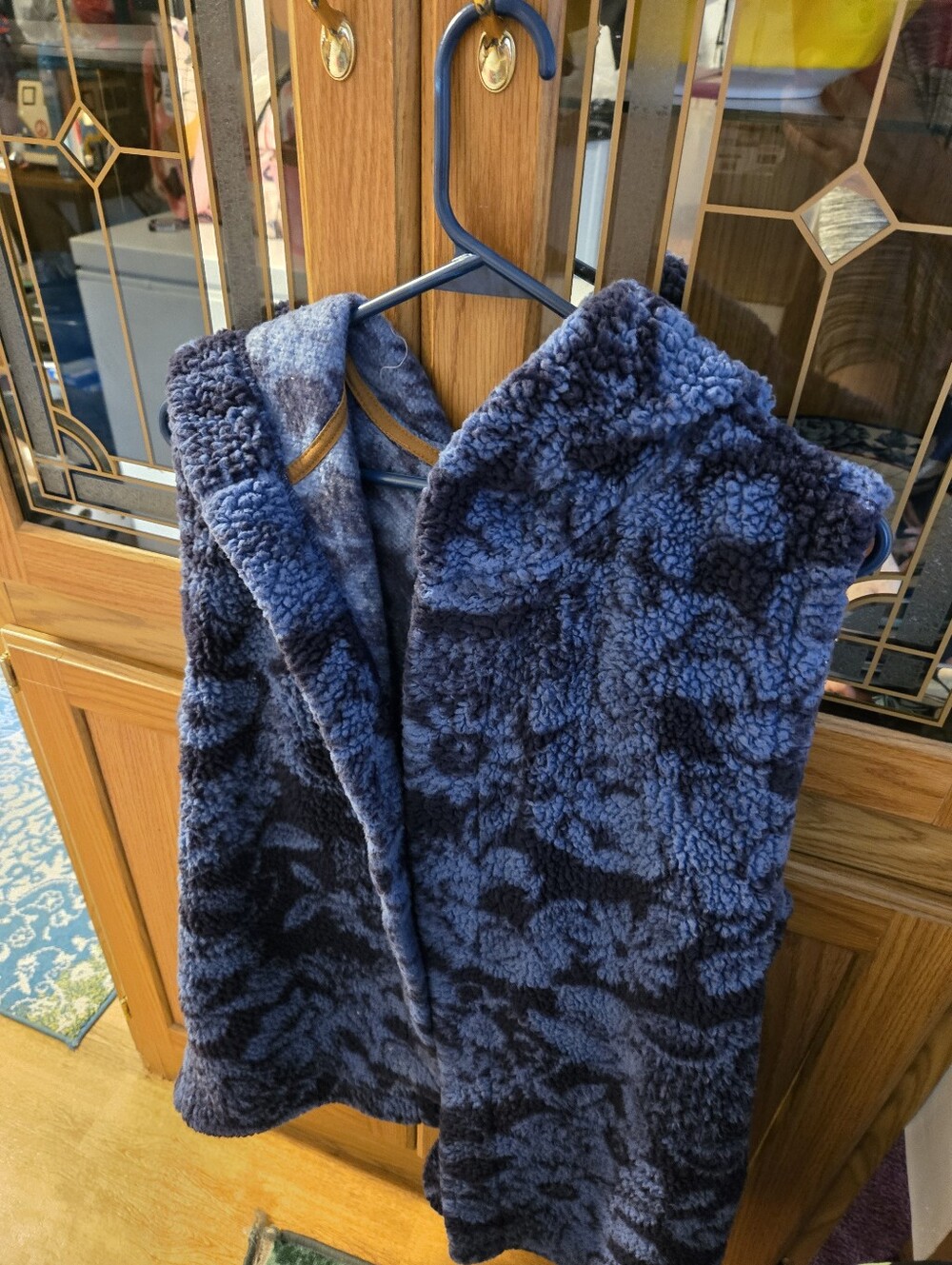Plush Navy Blue Floral Sherpa Vest With Hood